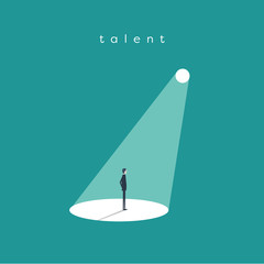 Business recruitment or hiring vector concept. Businessman standing in spotlight or searchlight as symbol of unique talent and skills. - obrazy, fototapety, plakaty