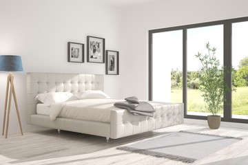 Inspiration of white minimalist  bedroom with summer landscape in window. Scandinavian interior design. 3D illustration