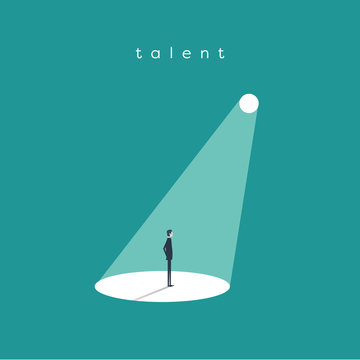 Business recruitment or hiring vector concept. Businessman standing in spotlight or searchlight as symbol of unique talent and skills.