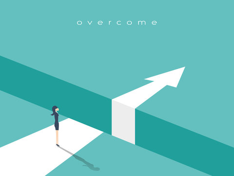 Business challenge or obstacle vector concept with businesswoman standing on the edge of gap, chasm with arrow going through. Concept of courage, bravery, risk.