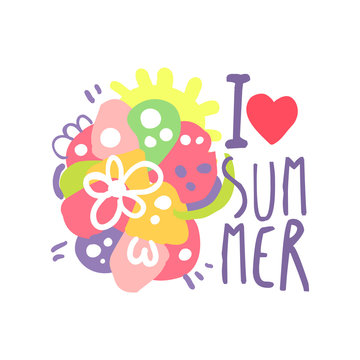 I love Summer logo template original design, colorful hand drawn vector Illustration with floral elements