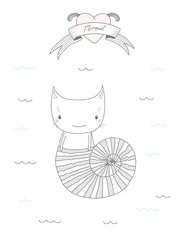 Hand drawn vector illustration of a cute little under water cat in a shell, swimming in the sea, heart and text Mermaid on a ribbon. © Maria Skrigan