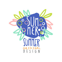 Summer logo template original design, colorful hand drawn vector Illustration