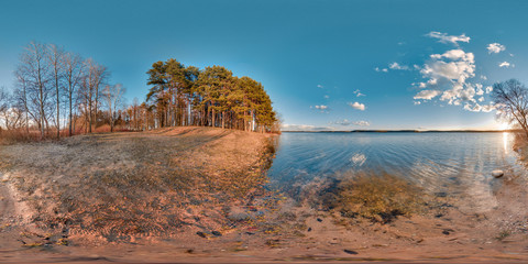 3D spherical panorama with 360 viewing angle. Ready for virtual reality or VR. Full equirectangular projection. Soft blue sunset on the lake.