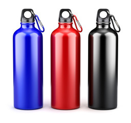 Metal water bottles on white background