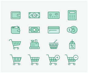 Online store website shopping cons and digital payment symbols.