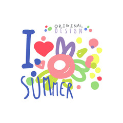 I love Summer logo template original design, colorful hand drawn vector Illustration with floral elements
