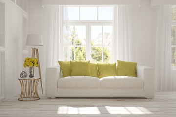 Obraz premium Idea of white minimalist room with sofa. Scandinavian interior design. 3D illustration