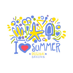 I love Summer colorful logo template original design, hand drawn vector Illustration