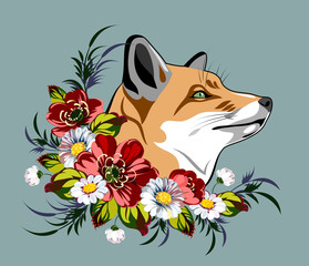 fox sitting in a thicket of poppies and daisies