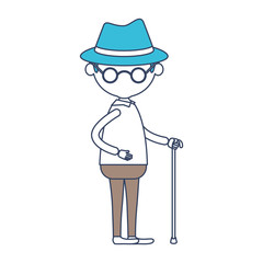 faceless caricature full body elderly man with walking stick in clothes with glasses and hat in color section silhouette