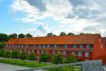 Obraz premium The Copenhagen Citadel (Kastellet), old red buildings in European city