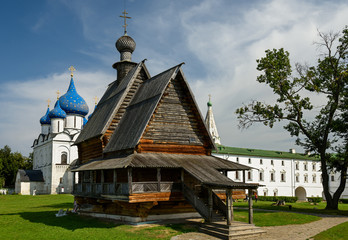 Fototapeta na wymiar The wooden Church of St. Nicholas in the Kremlin of Suzdal - a monument of wooden architecture of the mid-eighteenth century. Suzdal, Golden Ring, Russia