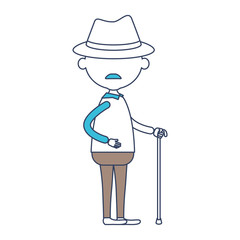 faceless caricature full body elderly man with walking stick in clothes with moustache and hat in color section silhouette