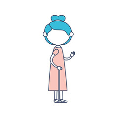 faceless caricature full body elderly woman with dress in walking stick with collected hairstyle in color section silhouette