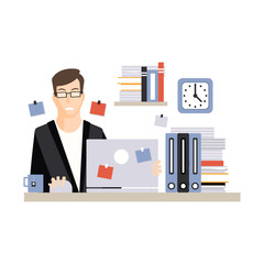 Young businessman character sitting at the computer desk with laptop working and drinking tea, daily life of office employee vector Illustration