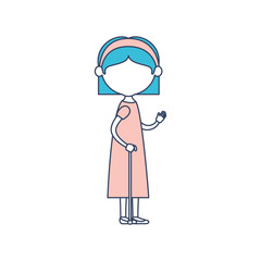 faceless caricature full body elderly woman with dress in walking stick with bow lace and straight short hairstyle in color section silhouette