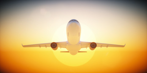 Flugzeug startet vor untergehender Sonne