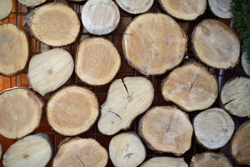 Wooden structure of logs with growth rings on a wall or fence