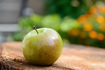 Healthy apple, green and red on wood in the sun