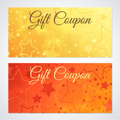 Gift certificate, Voucher, Coupon, Invitation or Gift card Discount template with sparkling, twinkling stars (texture). Red, gold background design for holiday gift banknote, check, flyer