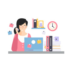 Brunette businesswoman character sitting at the computer desk with laptop and talking by phone, daily life of office employee vector Illustration