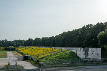 The stone buildings at the zeppelin field overgrown with yellow flowers in Nuremberg © Asvolas