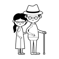 caricature full body elderly couple in walking stick and glasses with grandmother side ponytail hairstyle in dress and grandfather with hat in black silhouette sections