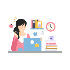 Stressed busy young businesswoman character sitting at the computer desk with laptop and working, working moment of office employee vector Illustration