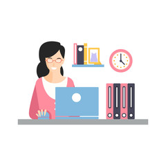 Elegant smiling businesswoman character working with laptop at her office workplace, daily life of office employee vector Illustration
