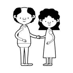 caricature full body elderly couple with glasses grandfather with few hair and grandmother with wavy shoirt hairstyle in dress in black silhouette sections