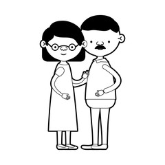 caricature full body elderly couple grandmother with glasses and straight short hairstyle in dress and grandfather with moustache in black silhouette sections