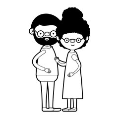caricature full body elderly couple with glasses bearded grandfather with grandmother with curly side bun hairstyle in dress in black silhouette sections