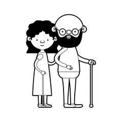caricature full body elderly couple in walking stick grandmother with wavy hairstyle in dress and bearded grandfather with glasses in black silhouette sections