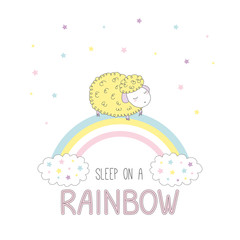 Hand drawn vector illustration of a cute sheep sleeping on a rainbow, with clouds and stars, text Sleep on a rainbow.