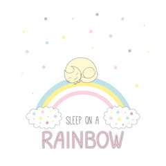 Hand drawn vector illustration of a cute curled up cat sleeping on a rainbow, with clouds and stars, text Sleep on a rainbow.