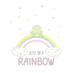 Hand drawn vector illustration of a cute frog sleeping on a rainbow, with clouds and stars, text Sleep on a rainbow.