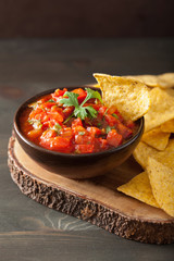 mexican salsa dip and nachos tortilla chips