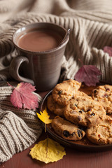 hot chocolate warming drink cozy autumn leaves cookies