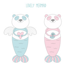 Hand drawn vector illustration of two cute mermaid pandas, one with angel wings, holding sea shell and heart, with text.