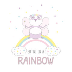 Hand drawn vector illustration of a cute funny fairy panda in a flower chain, with magic wand and wings, sitting on a rainbow, with text.
