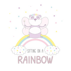 Obraz premium Hand drawn vector illustration of a cute funny fairy panda in a flower chain, with magic wand and wings, sitting on a rainbow, with text.