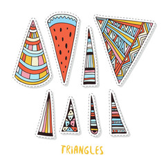 Colorful triangles set. Geometrical and ornamental doodle set for stickers, patches or prints.