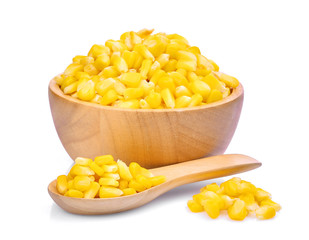 sweet corn in wooden bowl and spoon isolated on white background