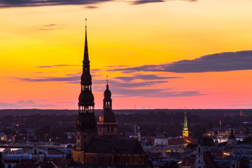St. Peter's Church and Riga Dome Cathedral view from the top of the Latvian Academy of Sciences, Riga, Latvia