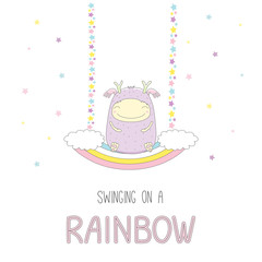 Hand drawn vector illustration of a cute funny smiling little monster, sitting on a rainbow swing, with text.