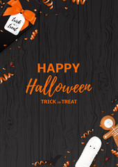 Festive Halloween flyer template. Top view on spiders, paper bats and confetti on dark wooden texture. Vector illustration with black gift box in the form of coffin.