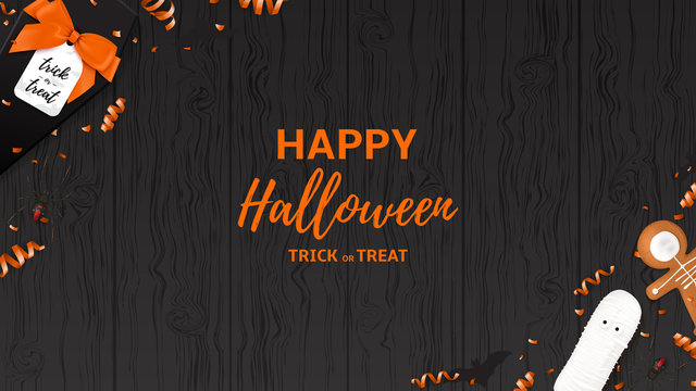 Festive Halloween web banner template. Top view on spiders, paper bats and confetti on dark wooden texture. Vector illustration with black gift box in the form of coffin.