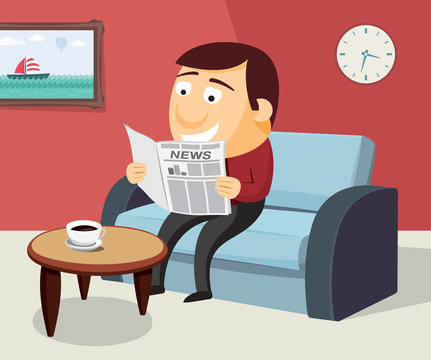 
Happy man is reading a newspaper on the sofa in the living room. Simple flat cartoon vector illustration.