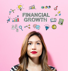 Financial Growth text with young woman on a pink background